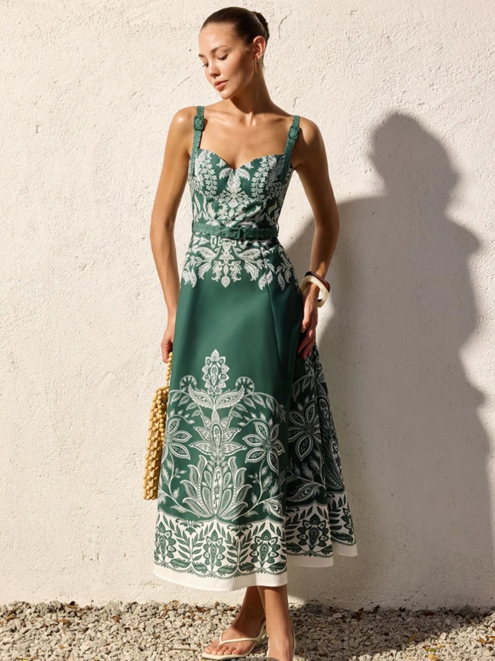 Commense Emerald Green Floral-Print Midi Dress
